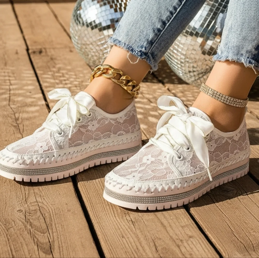 Lace Mesh Rhinestone Platform Sneakers Satin Ribbon Laces Retro Y2K Bling Shoes
